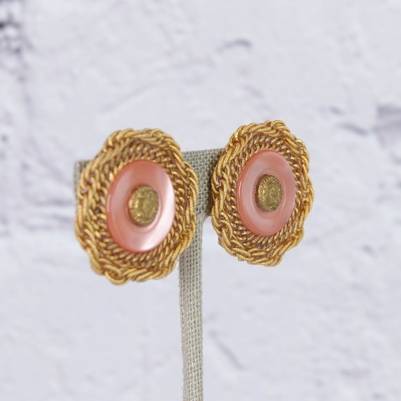 Vintage Patti Horn Pink Pearlescent Disc Earrings… - Picture 7 of 15